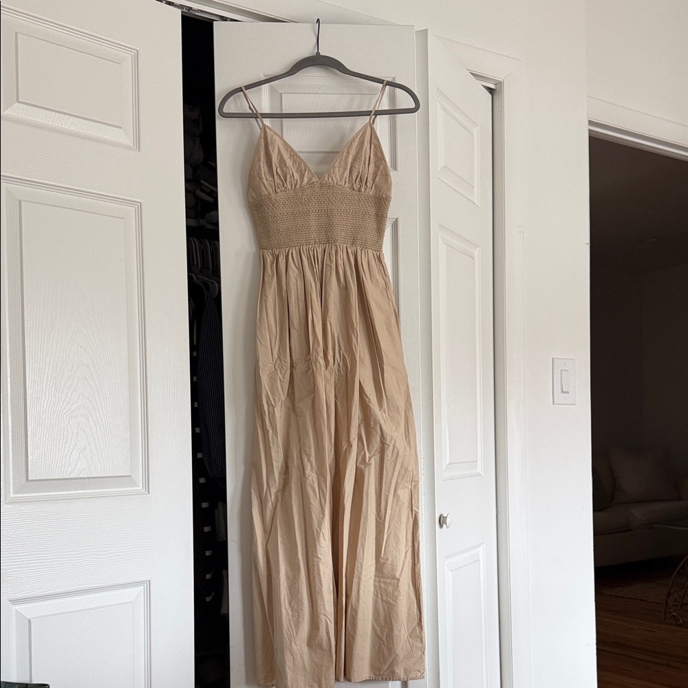 Zara Beige Smocked Bodice Maxi Dress